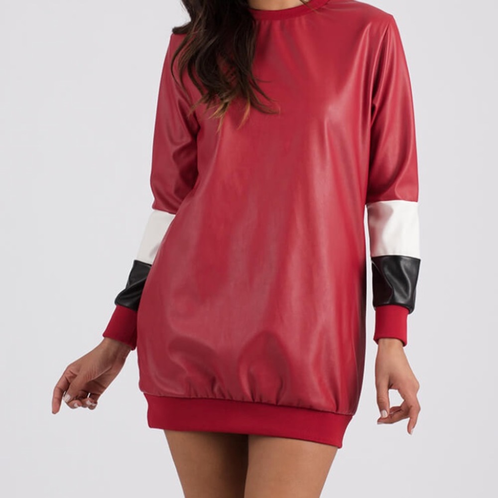 Black faux leather shirt dress.